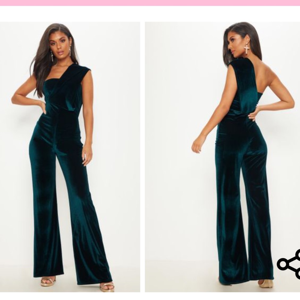 Emerald green velvet one shoulder jumpsuit